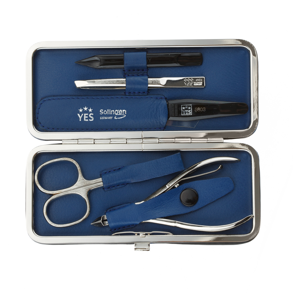 Маникюрный набор YES, 4 пр. 9074 Футляр: натуральная кожа, цвет синий