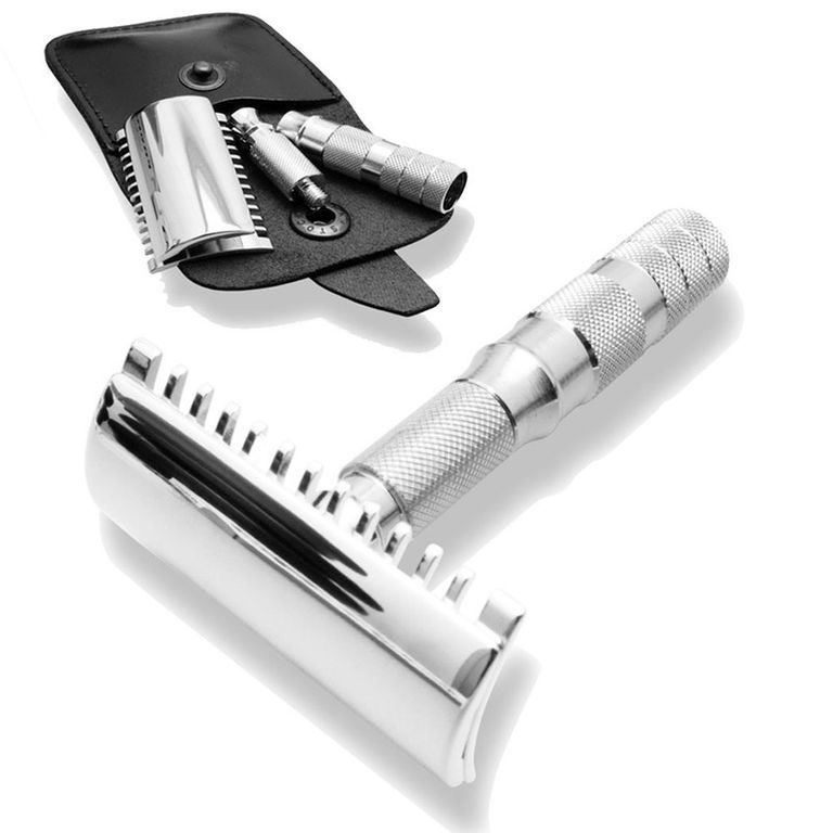 Станок Т- образный для бритья MERKUR-985C хромированный, разборный, чехол из натуральной воловьей кожи, лезвие в комплекте