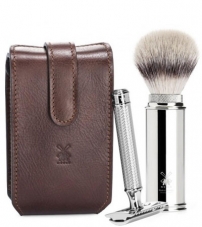 Дорожный бритвенный набор MUEHLE, чехол из натуральной коричневой кожи, дорожный помазок, Т-образная бритва
