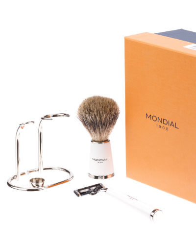 Бритвенный набор Mondial: станок, помазок, подставка; белая смола ST-365-BMT