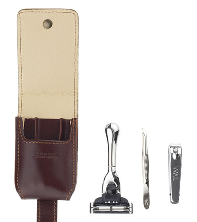 Бритвенный дорожный набор IL Ceppo: станок, пинцет, книпсер, чехол из натуральной кожи, коричневый цвет