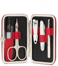 Маникюрный набор из 5 предметов в черно-красном футляре Truefitt & Hill под кожу крокодила