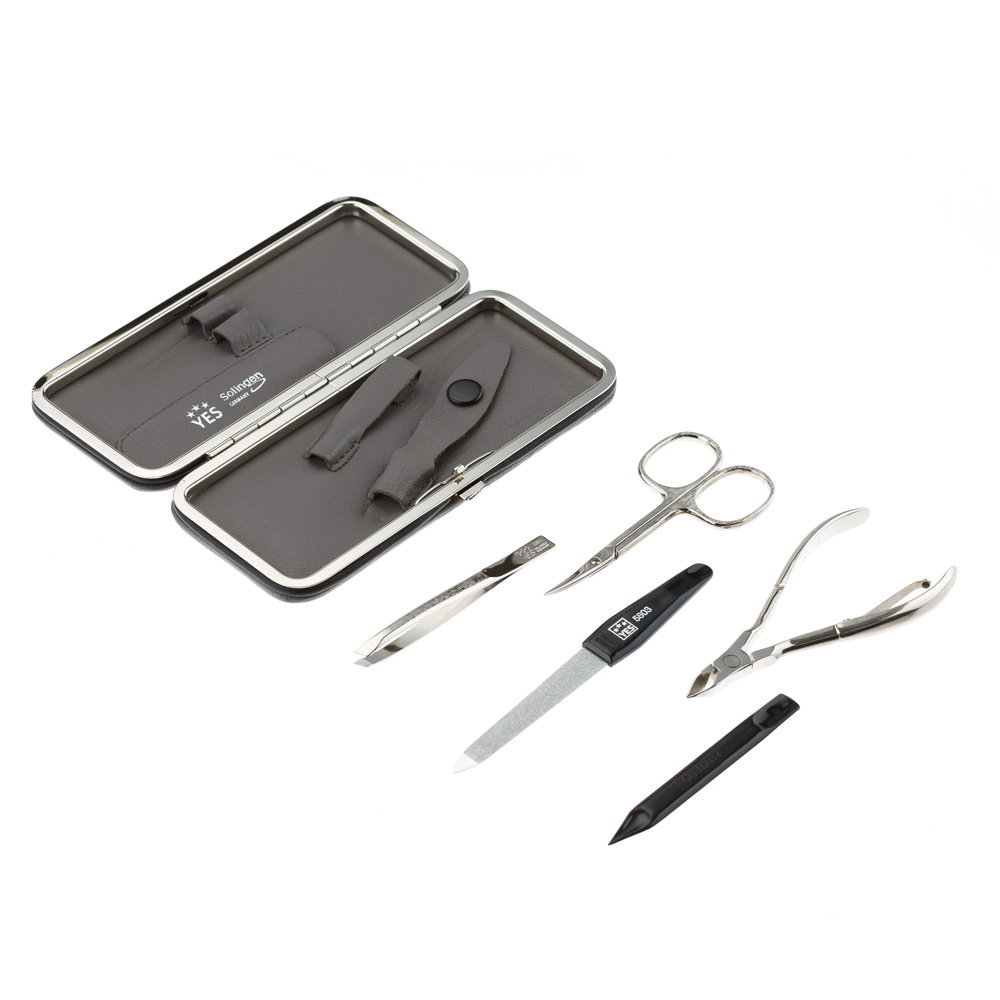 Маникюрный набор YES, 5 пр. Футляр: натуральная кожа, цвет серый 9078