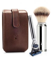 Дорожный бритвенный набор MUEHLE, чехол из натуральной коричневой кожи, дорожный помазок, дорожная бритва Mach3