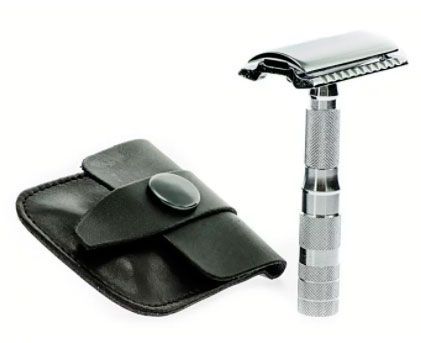 Станок Т- образный для бритья MERKUR-933C хромированный, разборный, в чехле из натуральной воловьей кожи, лезвие в комплекте 933000