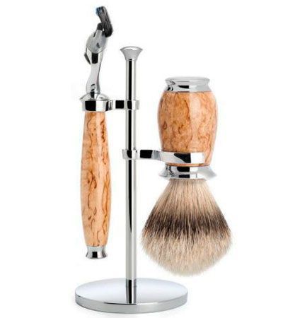 Бритвенный набор MUEHLE PURIST, каповая береза, барсучий ворс высшей категории Silvertip, бритва Mach3
